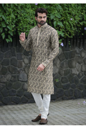 Cream with Black printed Silk Kurta Set